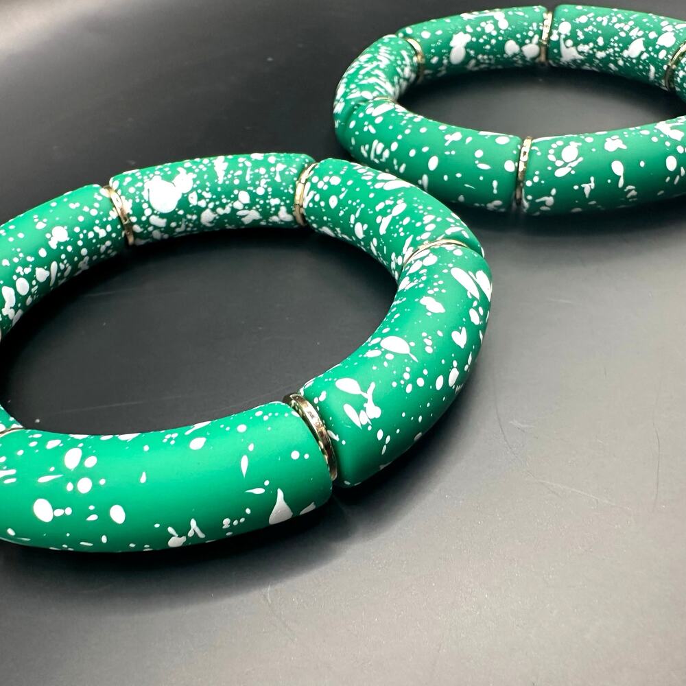 Green Tube Stretch Bracelet Set of 2 Bracelets Splatter Modern White Lot Casual